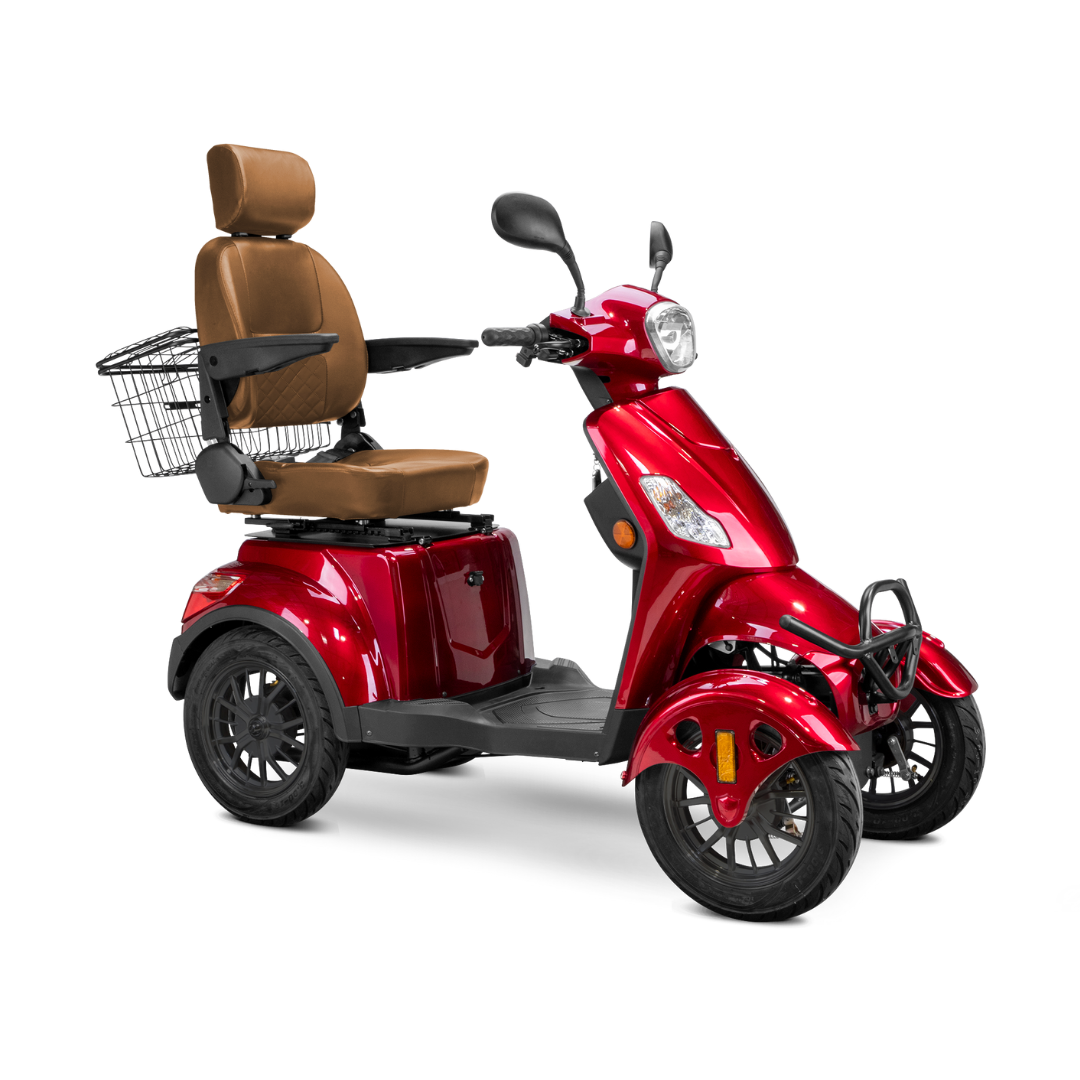The Bespoke Prestige Recreational 4-Wheel Scooter features a shiny red finish, large cushioned brown adjustable seat with armrests and headrest, front handlebars, headlight, and a rear wire basket.